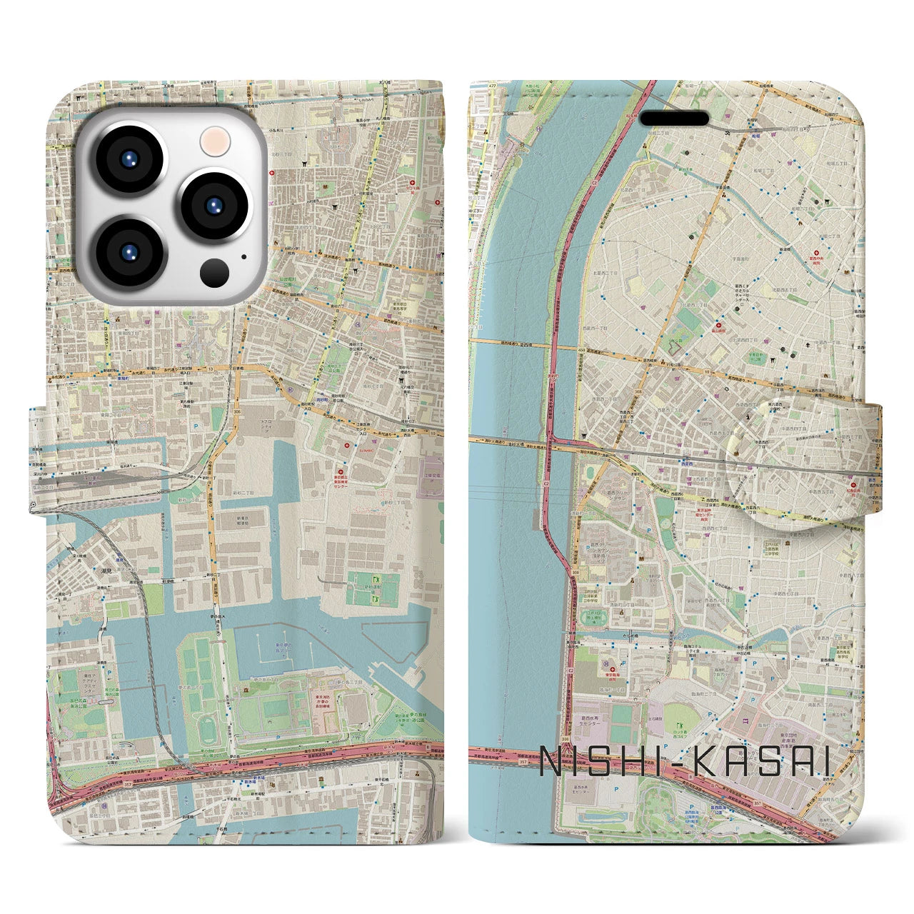 【西葛西】地図柄iPhoneケース（手帳両面タイプ・ナチュラル）iPhone 13 Pro 用