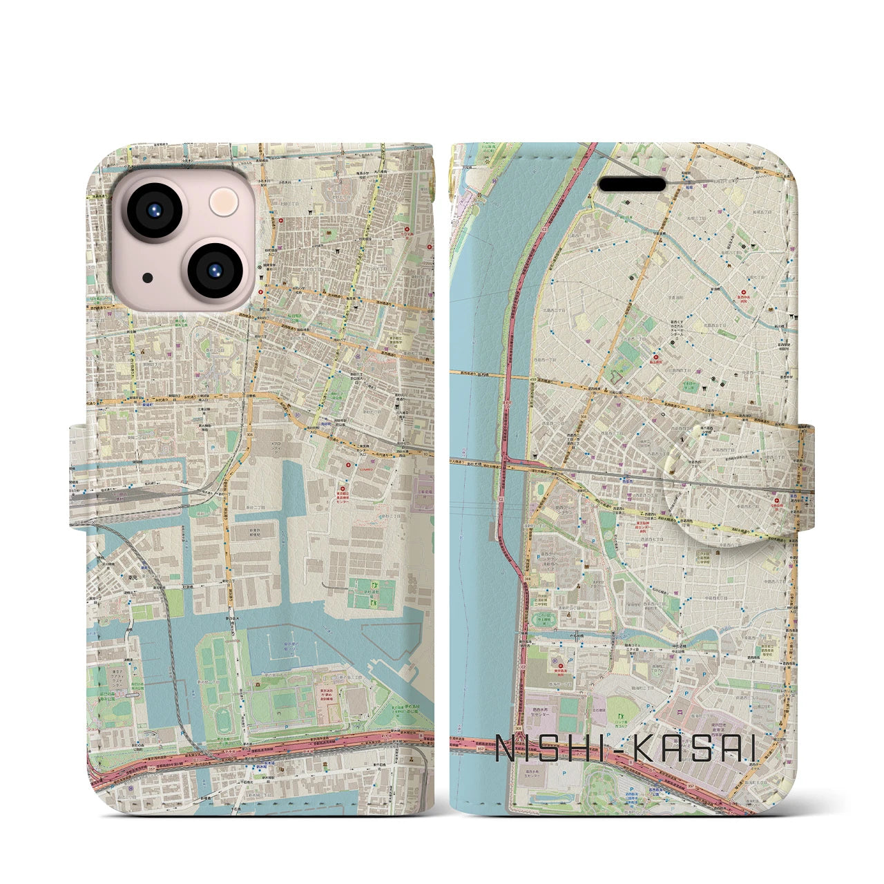 【西葛西】地図柄iPhoneケース（手帳両面タイプ・ナチュラル）iPhone 13 mini 用