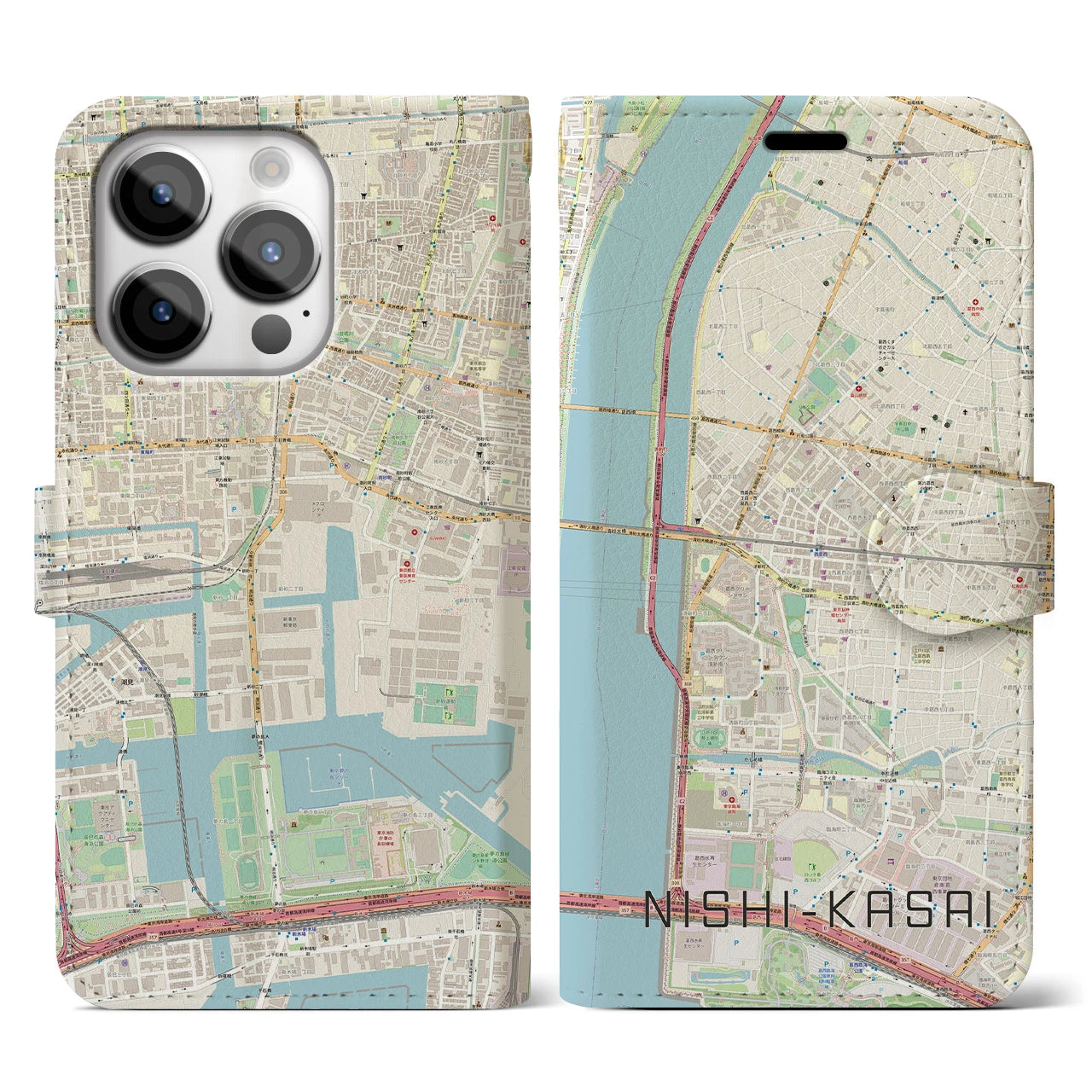 【西葛西】地図柄iPhoneケース（手帳両面タイプ・ナチュラル）iPhone 14 Pro 用
