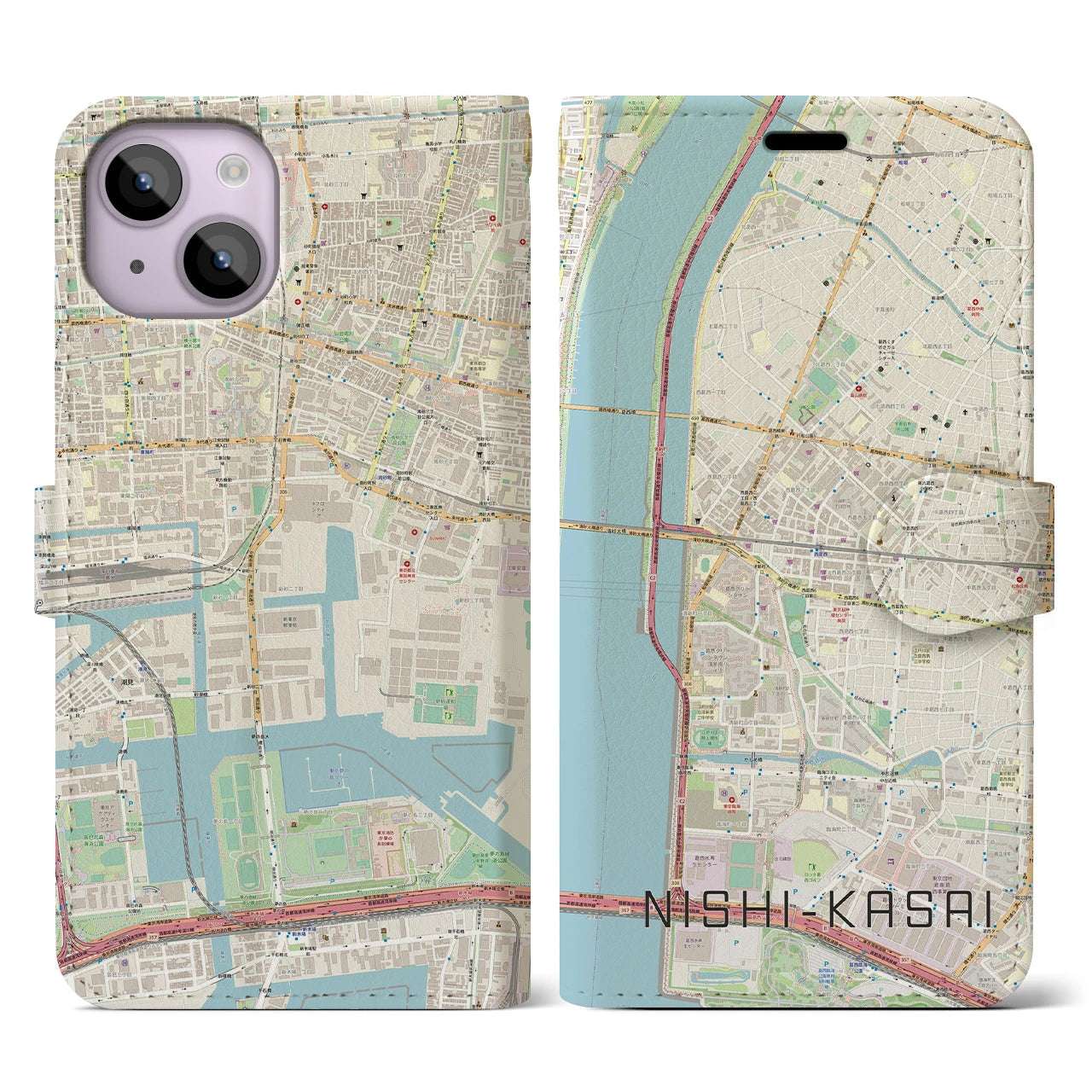 【西葛西】地図柄iPhoneケース（手帳両面タイプ・ナチュラル）iPhone 14 用