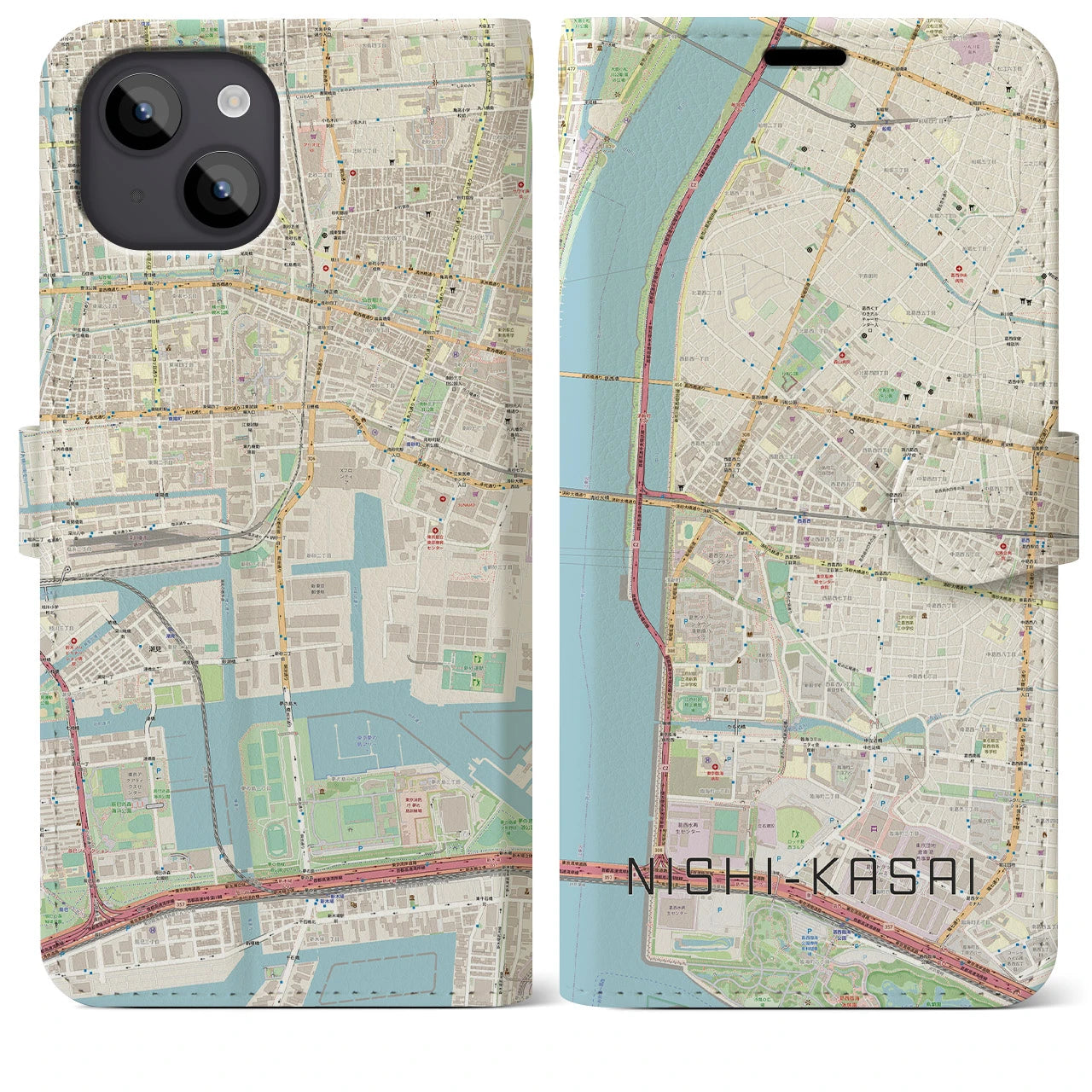 【西葛西】地図柄iPhoneケース（手帳両面タイプ・ナチュラル）iPhone 14 Plus 用
