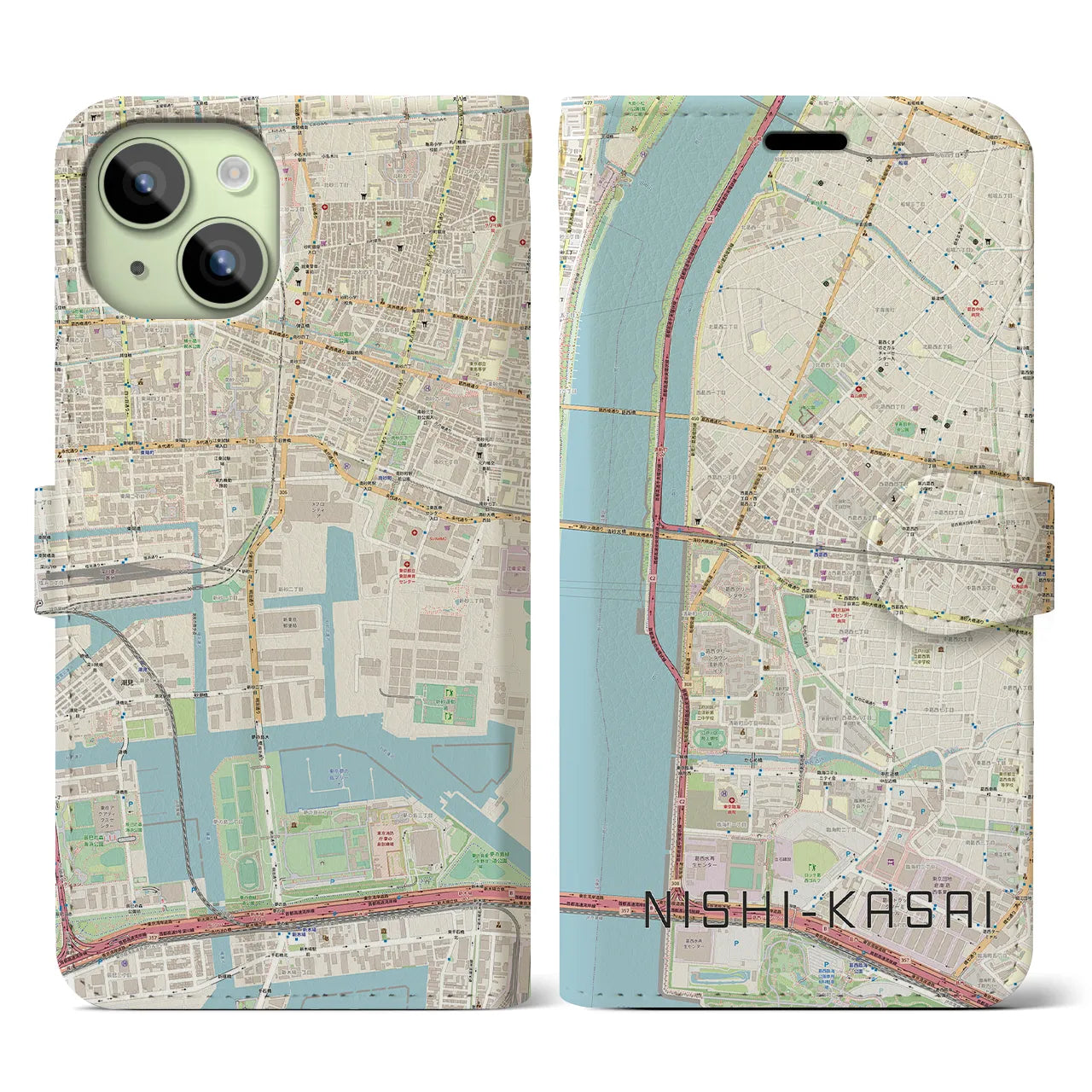 【西葛西】地図柄iPhoneケース（手帳両面タイプ・ナチュラル）iPhone 15 用