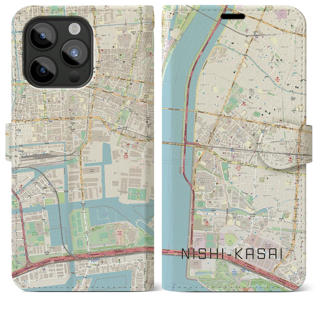 【西葛西】地図柄iPhoneケース（手帳両面タイプ・ナチュラル）iPhone 15 Pro Max 用