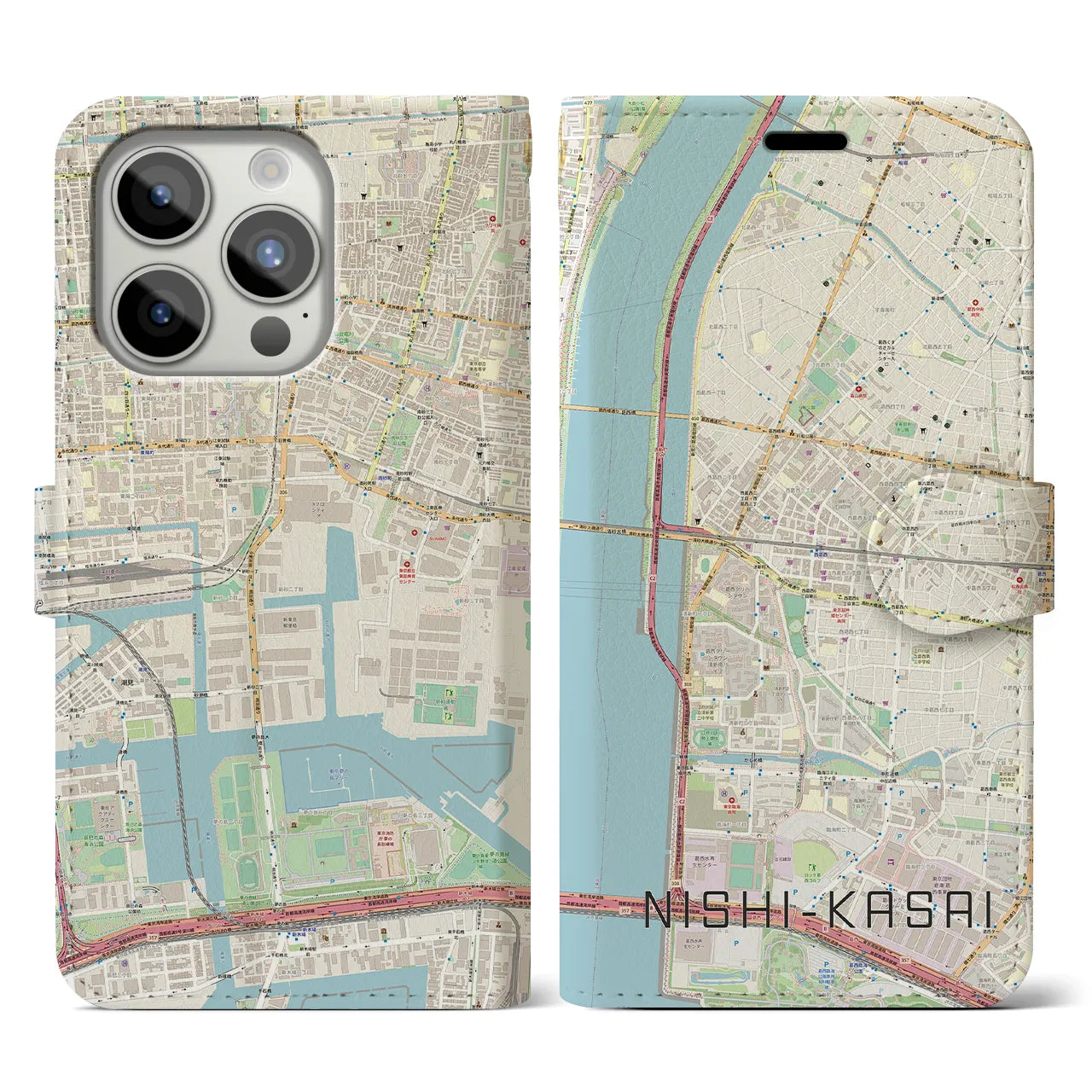 【西葛西】地図柄iPhoneケース（手帳両面タイプ・ナチュラル）iPhone 15 Pro 用