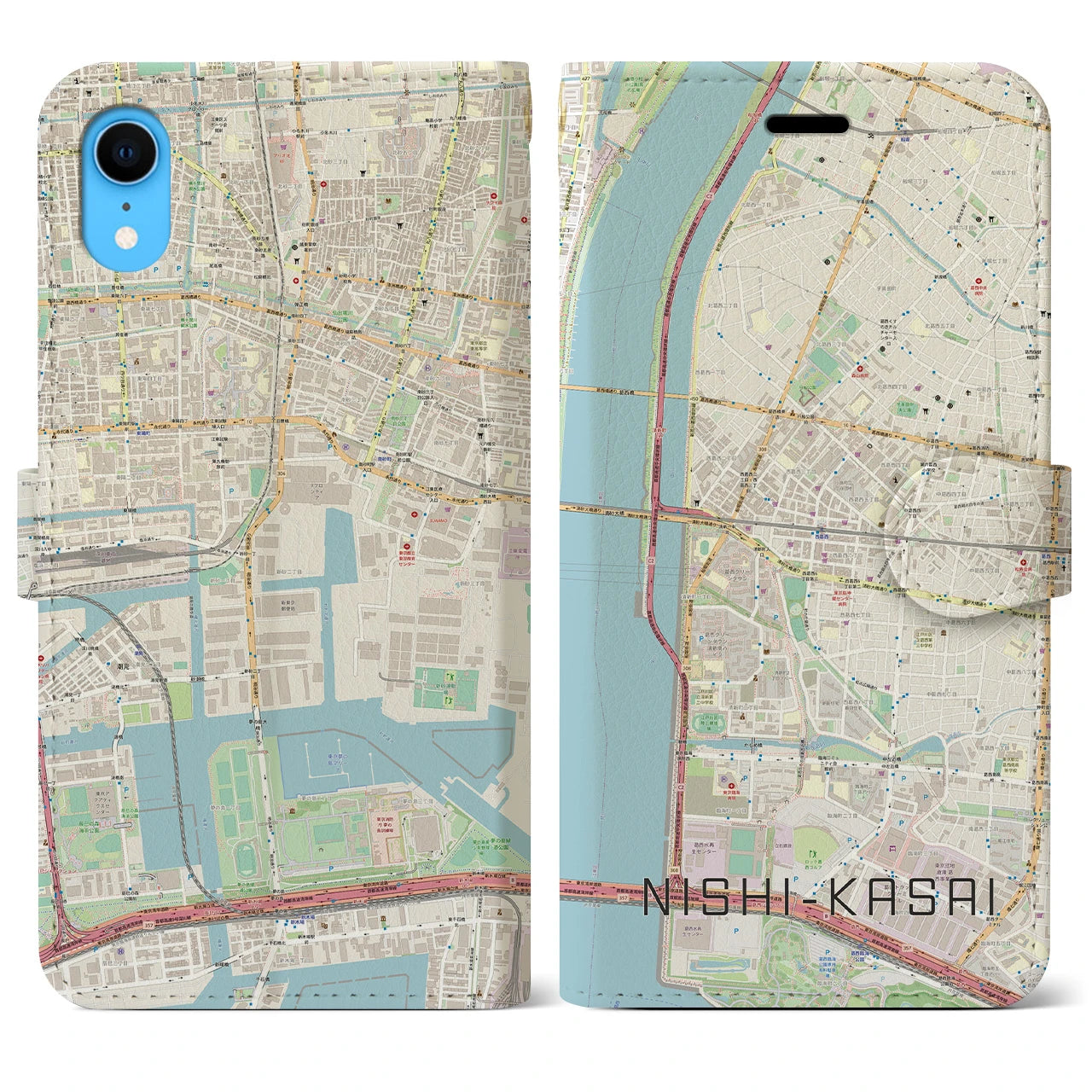 【西葛西】地図柄iPhoneケース（手帳両面タイプ・ナチュラル）iPhone XR 用