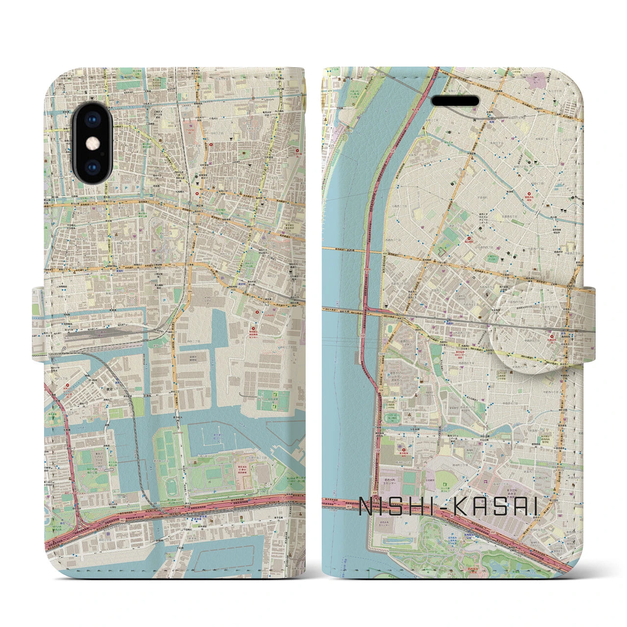 【西葛西】地図柄iPhoneケース（手帳両面タイプ・ナチュラル）iPhone XS / X 用