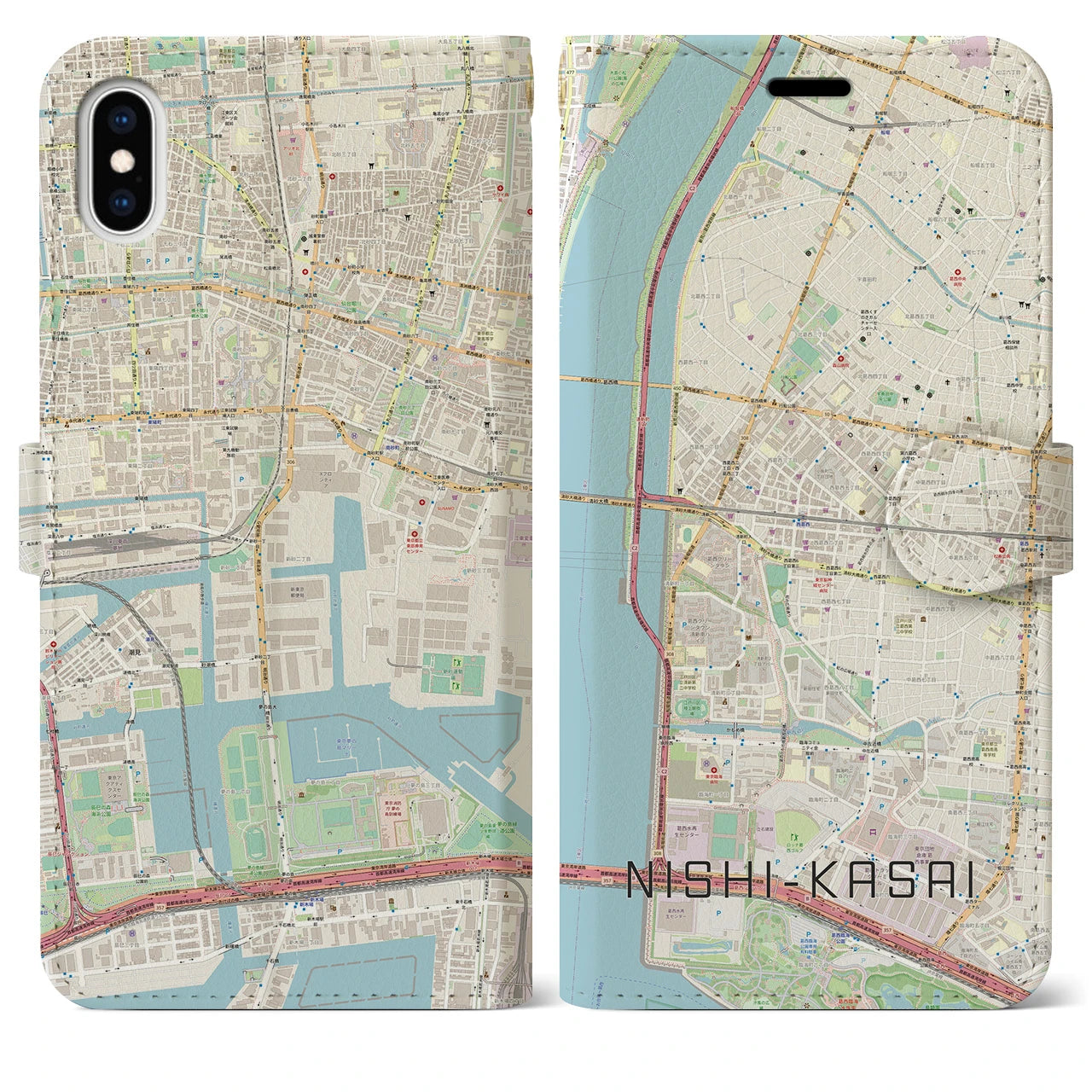 【西葛西】地図柄iPhoneケース（手帳両面タイプ・ナチュラル）iPhone XS Max 用