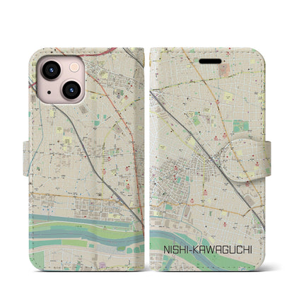 【西川口（埼玉県）】地図柄iPhoneケース（手帳タイプ）ナチュラル・iPhone 13 mini 用