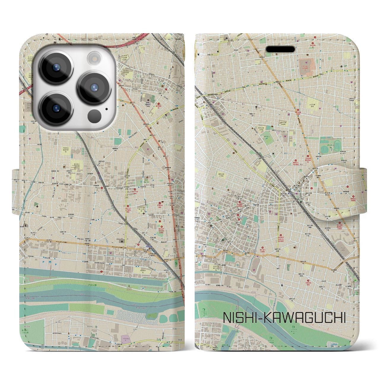 【西川口】地図柄iPhoneケース（手帳両面タイプ・ナチュラル）iPhone 14 Pro 用