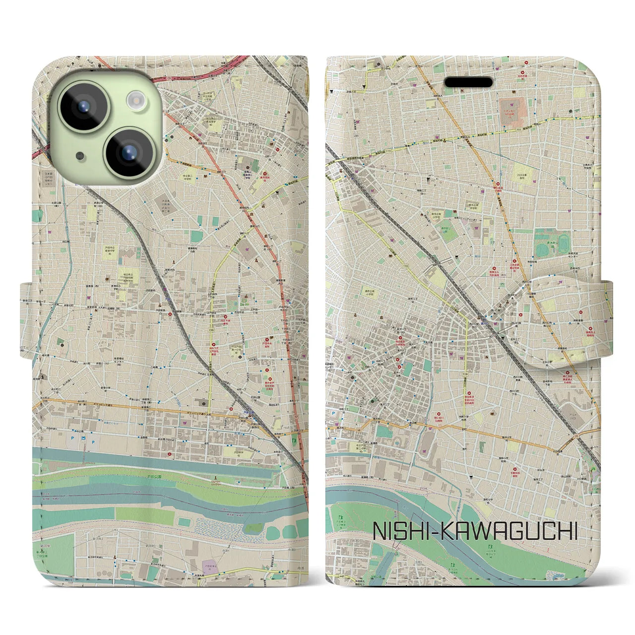 【西川口】地図柄iPhoneケース（手帳両面タイプ・ナチュラル）iPhone 15 用
