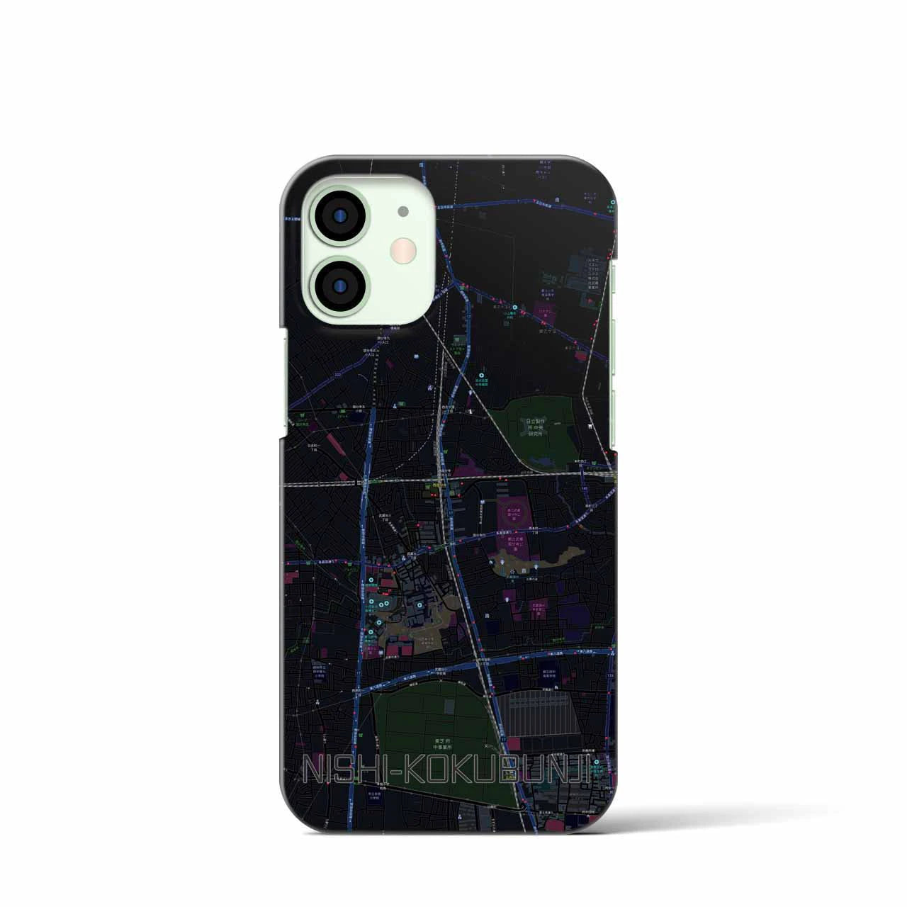 【西国分寺】地図柄iPhoneケース（バックカバータイプ・ブラック）iPhone 12 mini 用
