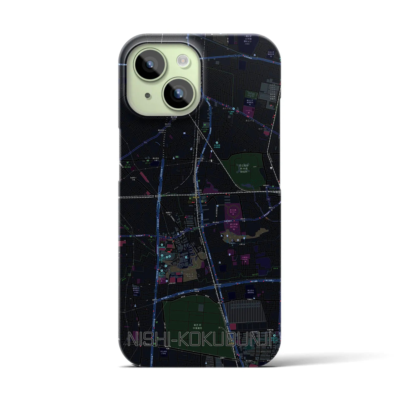 【西国分寺】地図柄iPhoneケース（バックカバータイプ・ブラック）iPhone 15 用