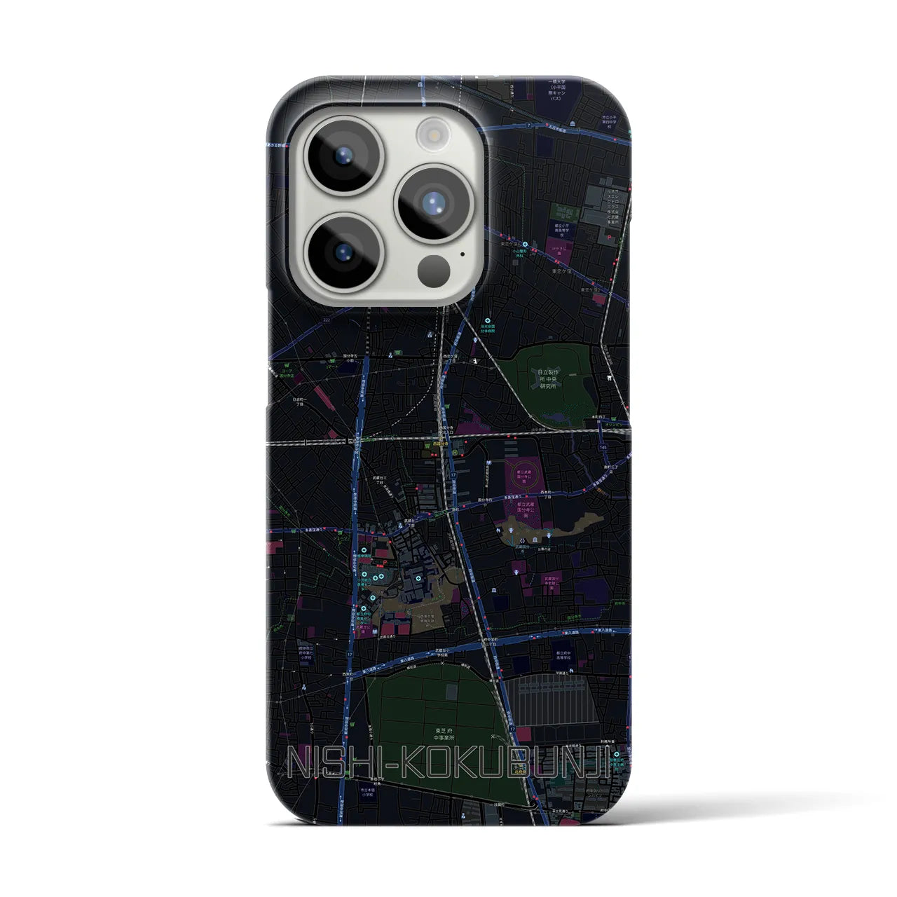 【西国分寺】地図柄iPhoneケース（バックカバータイプ・ブラック）iPhone 15 Pro 用