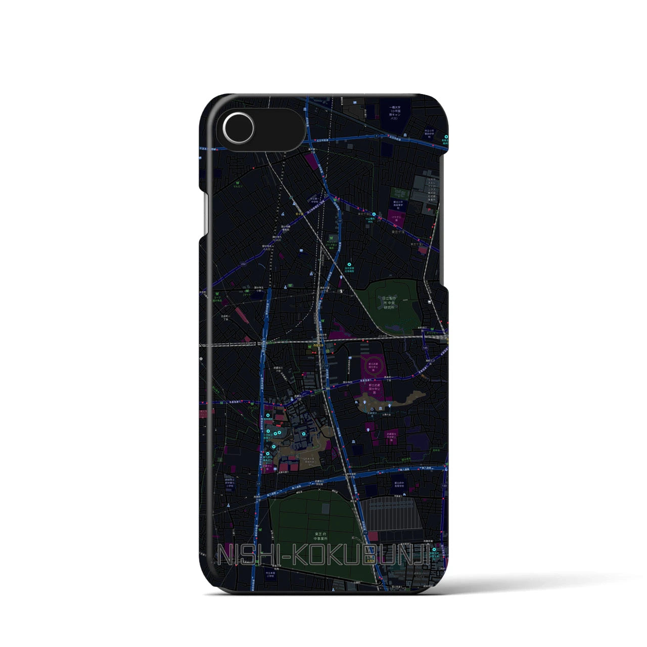 【西国分寺】地図柄iPhoneケース（バックカバータイプ・ブラック）iPhone SE（第3 / 第2世代） / 8 / 7 / 6s / 6 用