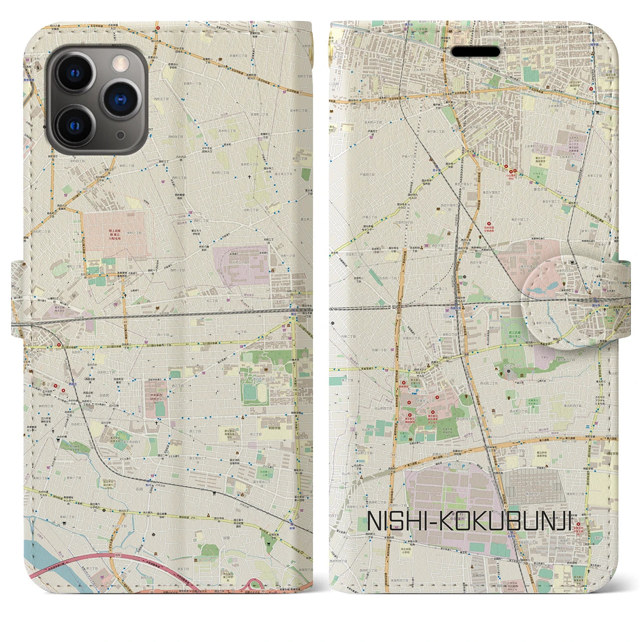 【西国分寺】地図柄iPhoneケース（手帳両面タイプ・ナチュラル）iPhone 11 Pro Max 用