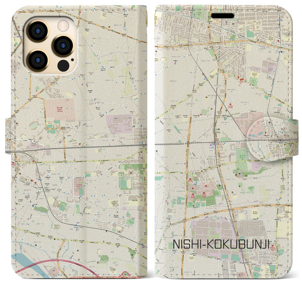 【西国分寺】地図柄iPhoneケース（手帳両面タイプ・ナチュラル）iPhone 12 Pro Max 用
