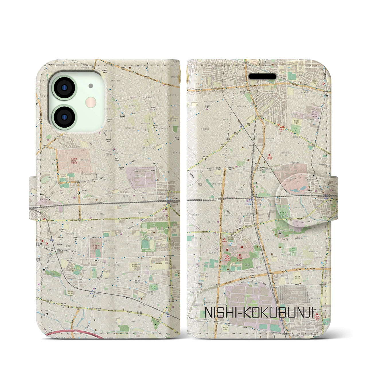 【西国分寺】地図柄iPhoneケース（手帳両面タイプ・ナチュラル）iPhone 12 mini 用