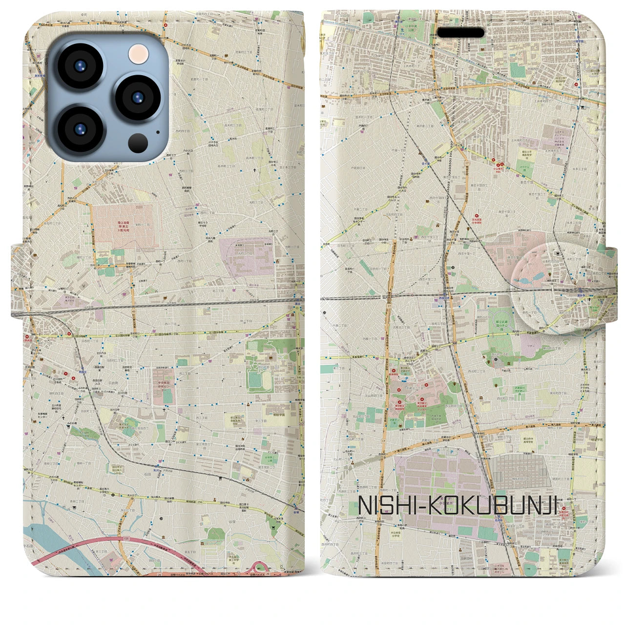 【西国分寺】地図柄iPhoneケース（手帳両面タイプ・ナチュラル）iPhone 13 Pro Max 用