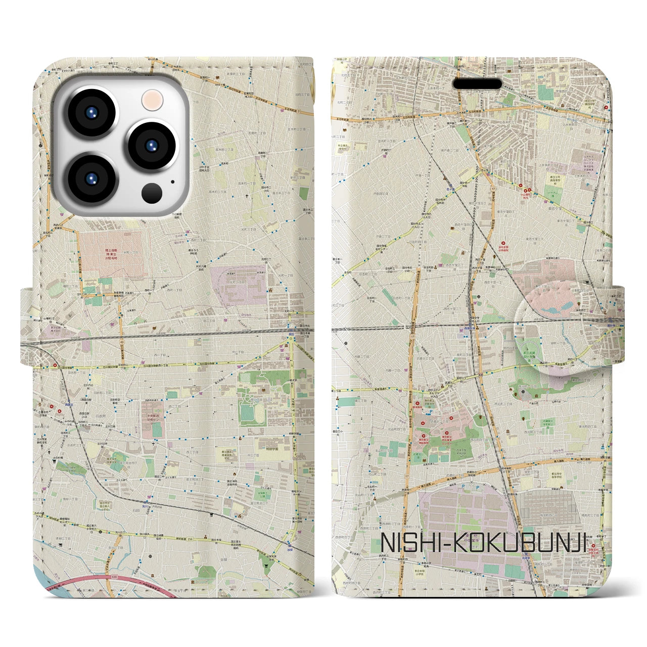 【西国分寺】地図柄iPhoneケース（手帳両面タイプ・ナチュラル）iPhone 13 Pro 用