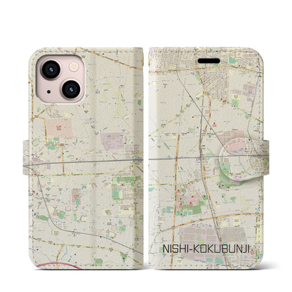 【西国分寺（東京都）】地図柄iPhoneケース（手帳タイプ）ナチュラル・iPhone 13 mini 用