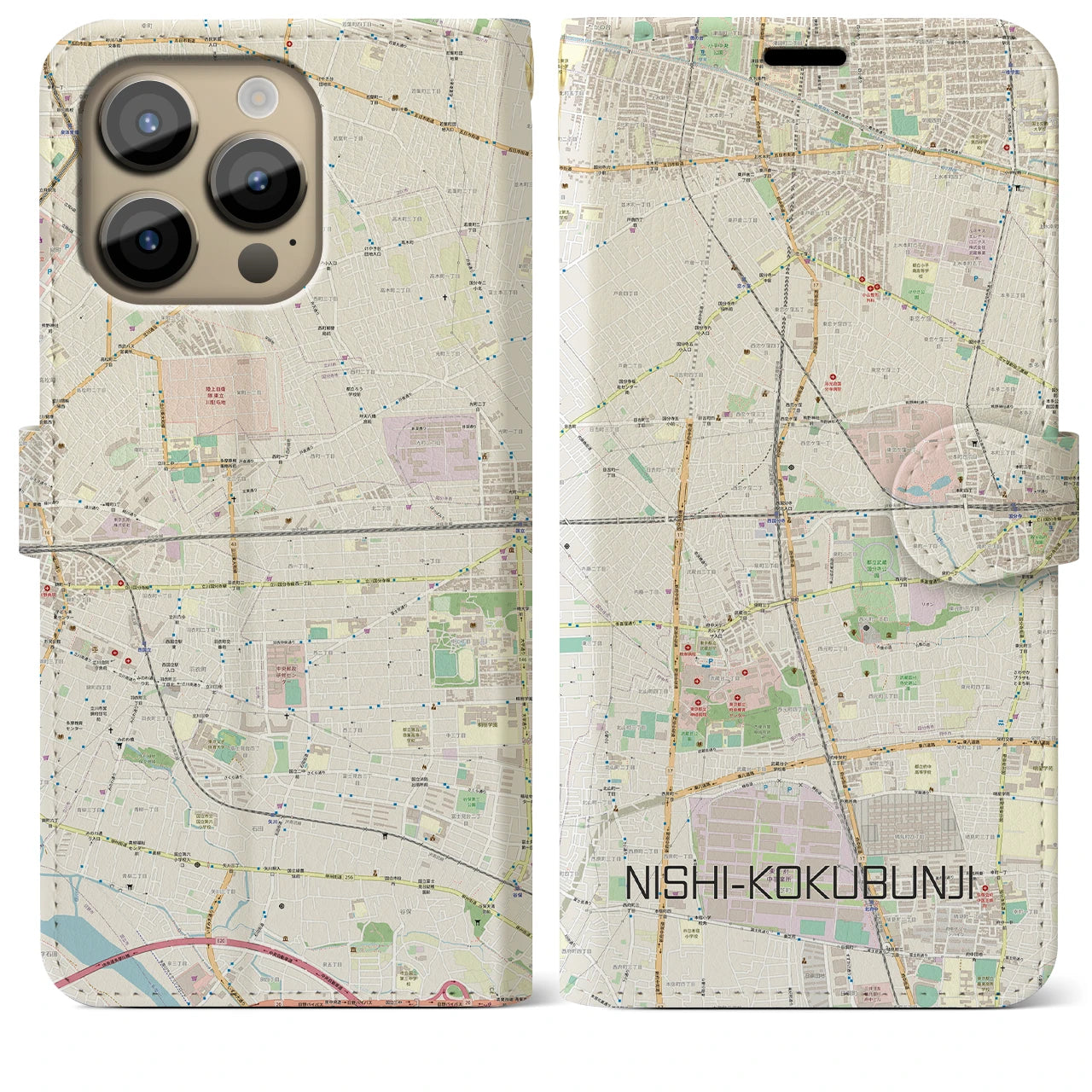 【西国分寺】地図柄iPhoneケース（手帳両面タイプ・ナチュラル）iPhone 14 Pro Max 用