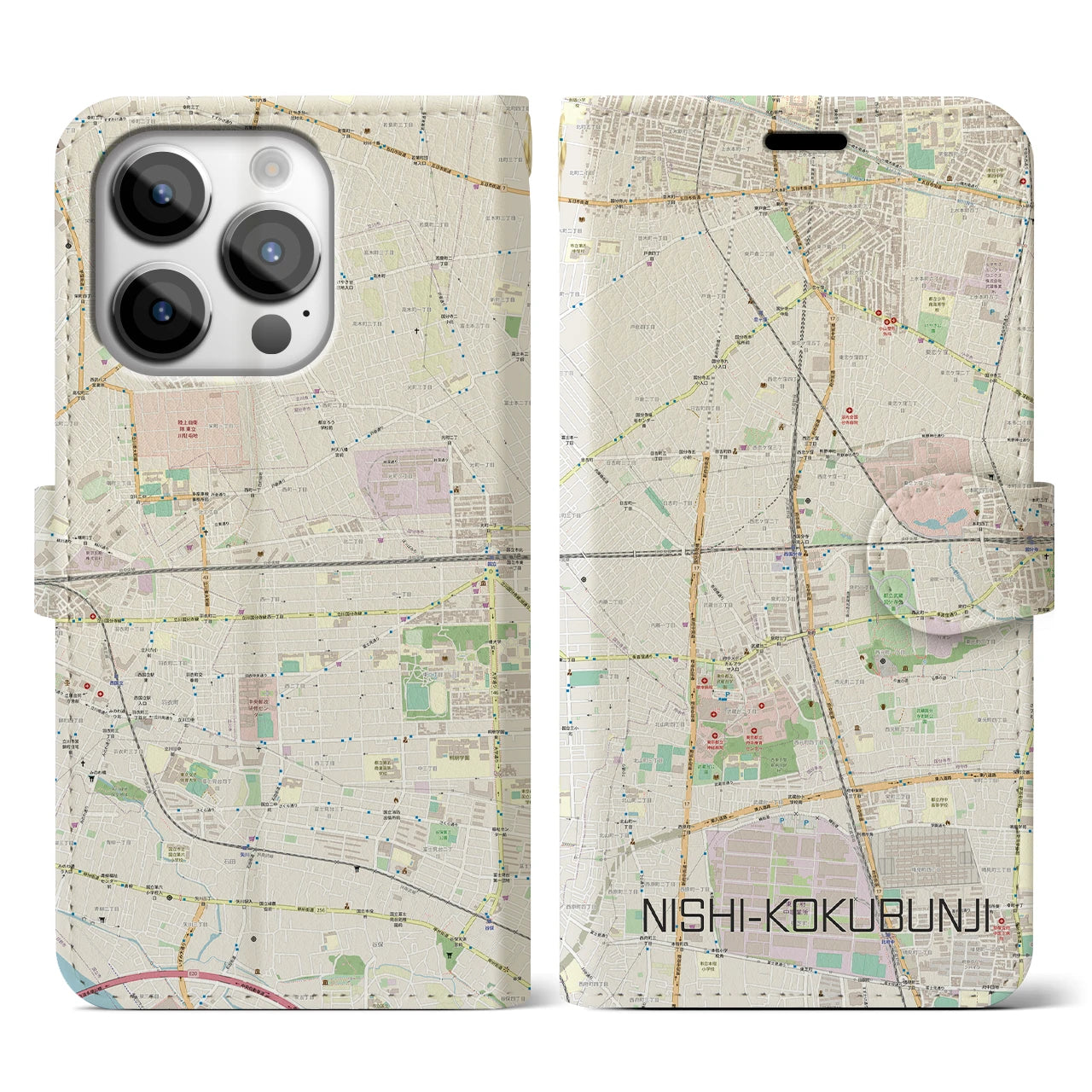 【西国分寺】地図柄iPhoneケース（手帳両面タイプ・ナチュラル）iPhone 14 Pro 用