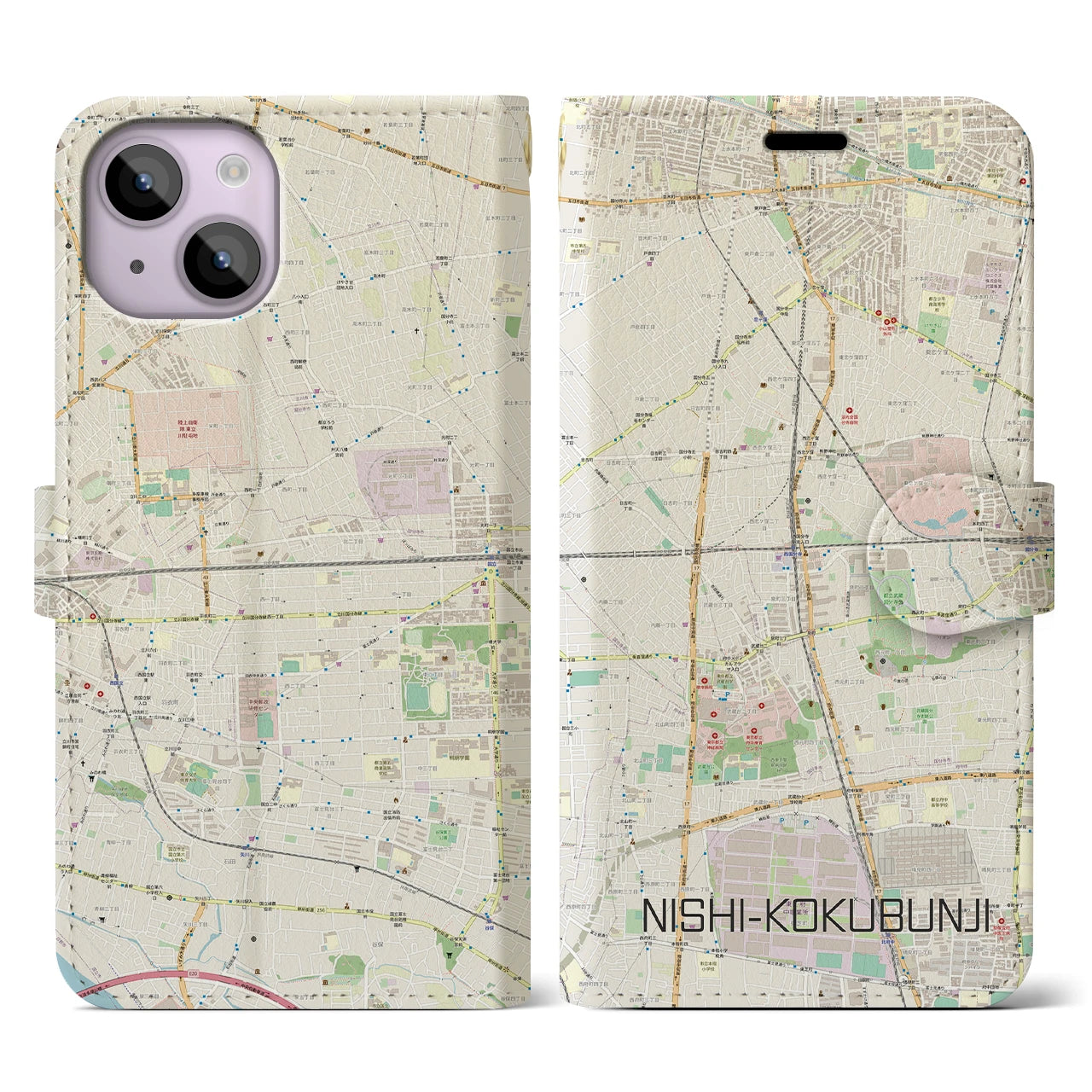 【西国分寺】地図柄iPhoneケース（手帳両面タイプ・ナチュラル）iPhone 14 用