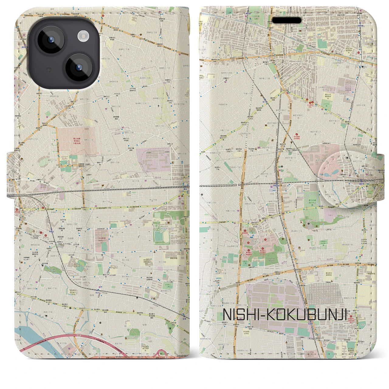 【西国分寺】地図柄iPhoneケース（手帳両面タイプ・ナチュラル）iPhone 14 Plus 用