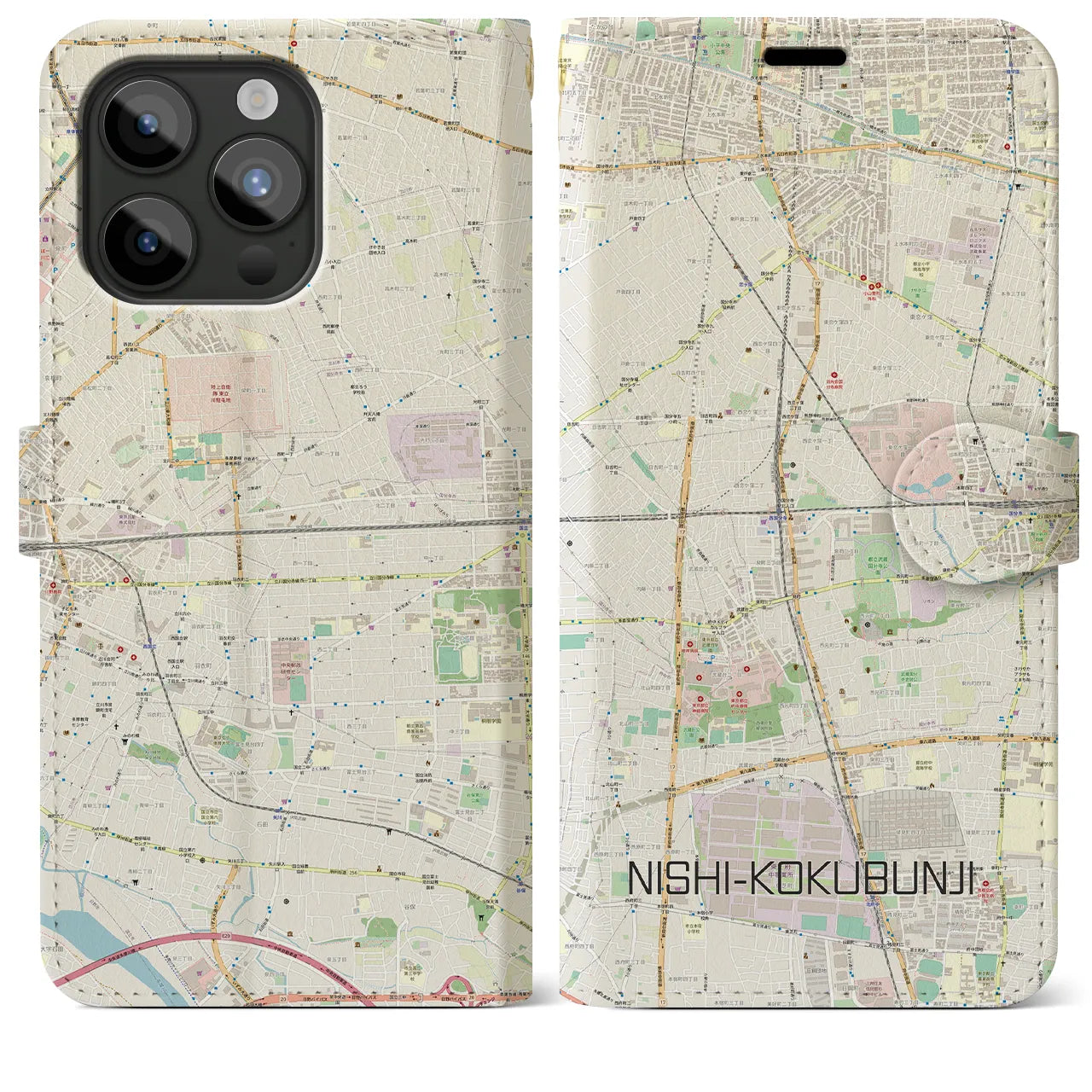 【西国分寺】地図柄iPhoneケース（手帳両面タイプ・ナチュラル）iPhone 15 Pro Max 用
