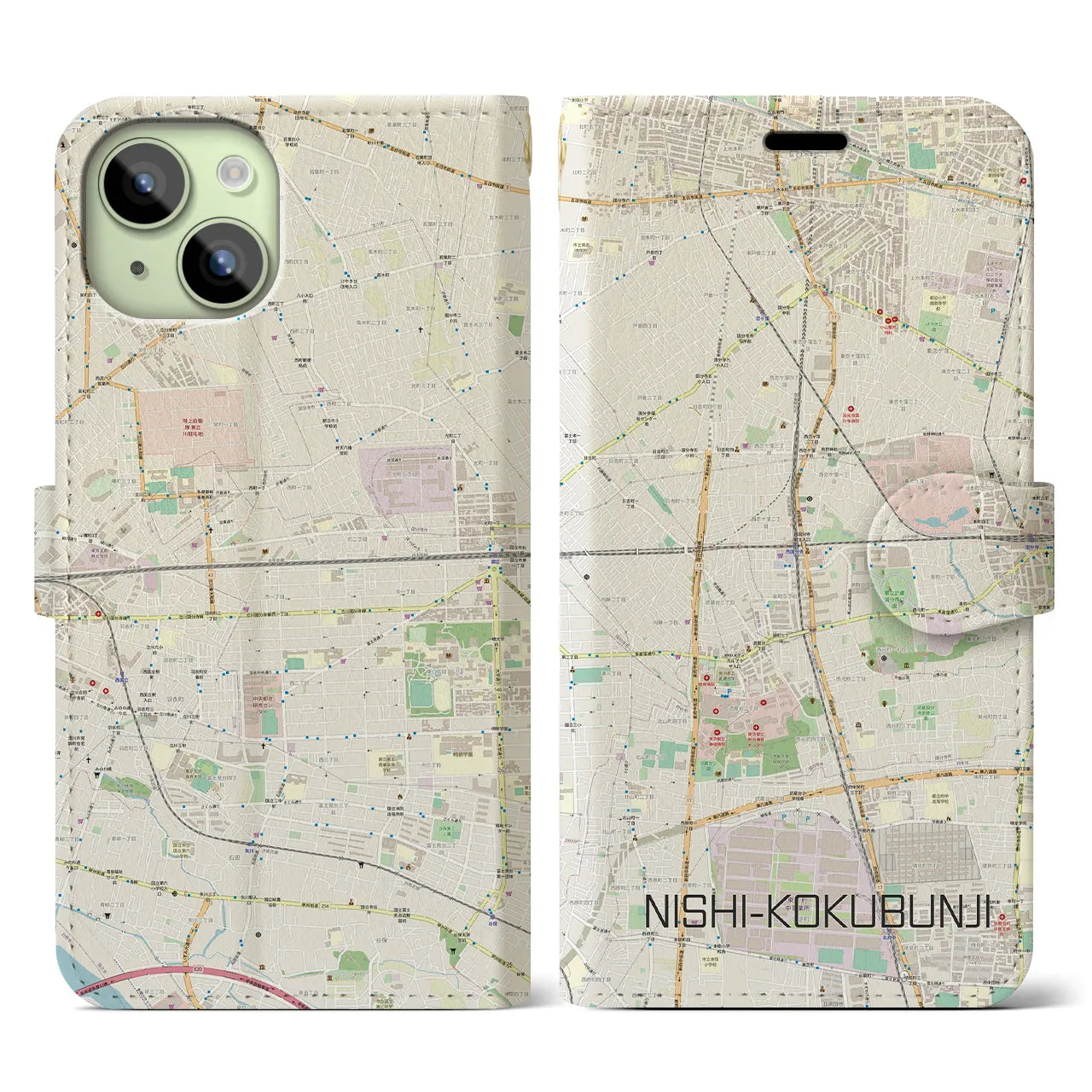 【西国分寺】地図柄iPhoneケース（手帳両面タイプ・ナチュラル）iPhone 15 用