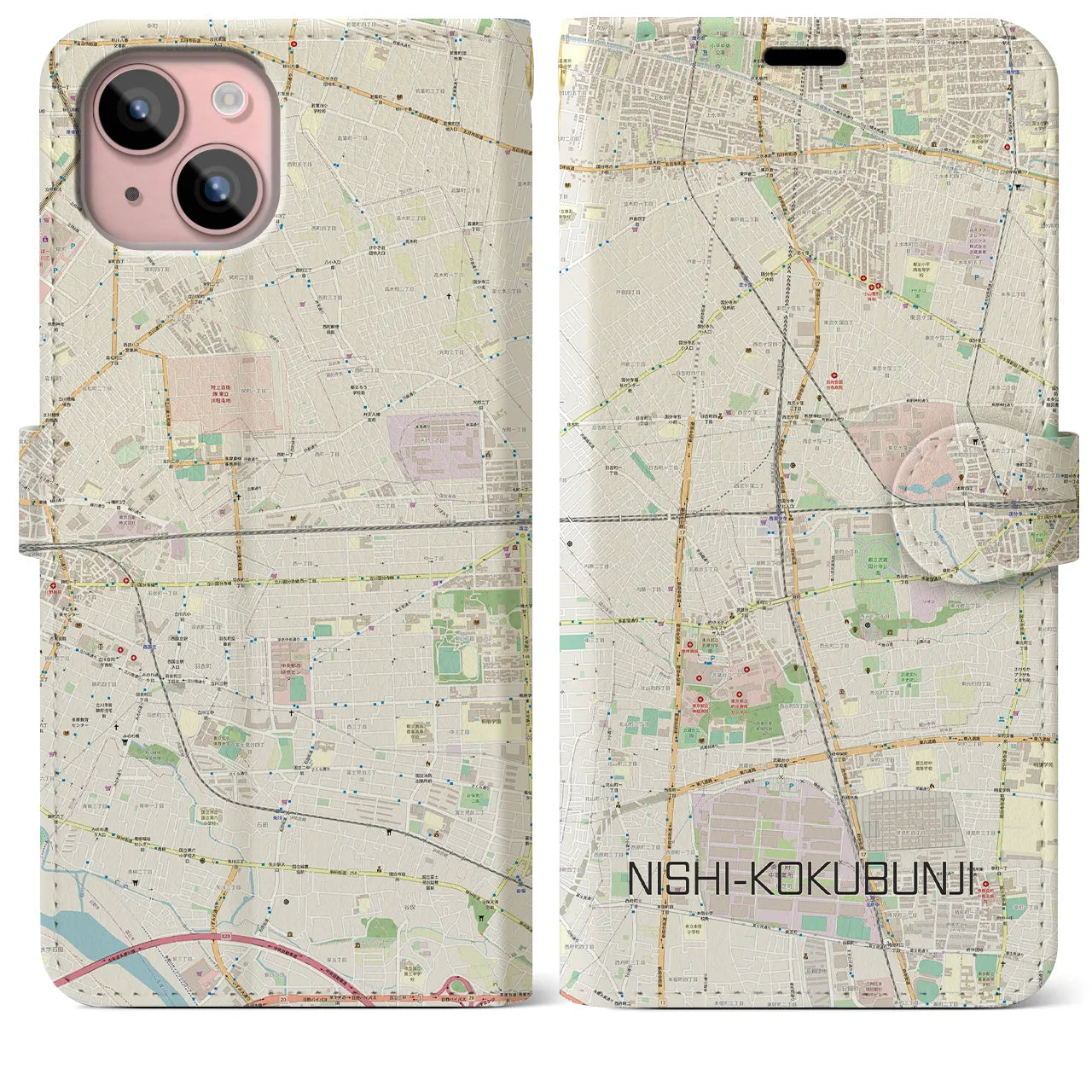 【西国分寺】地図柄iPhoneケース（手帳両面タイプ・ナチュラル）iPhone 15 Plus 用
