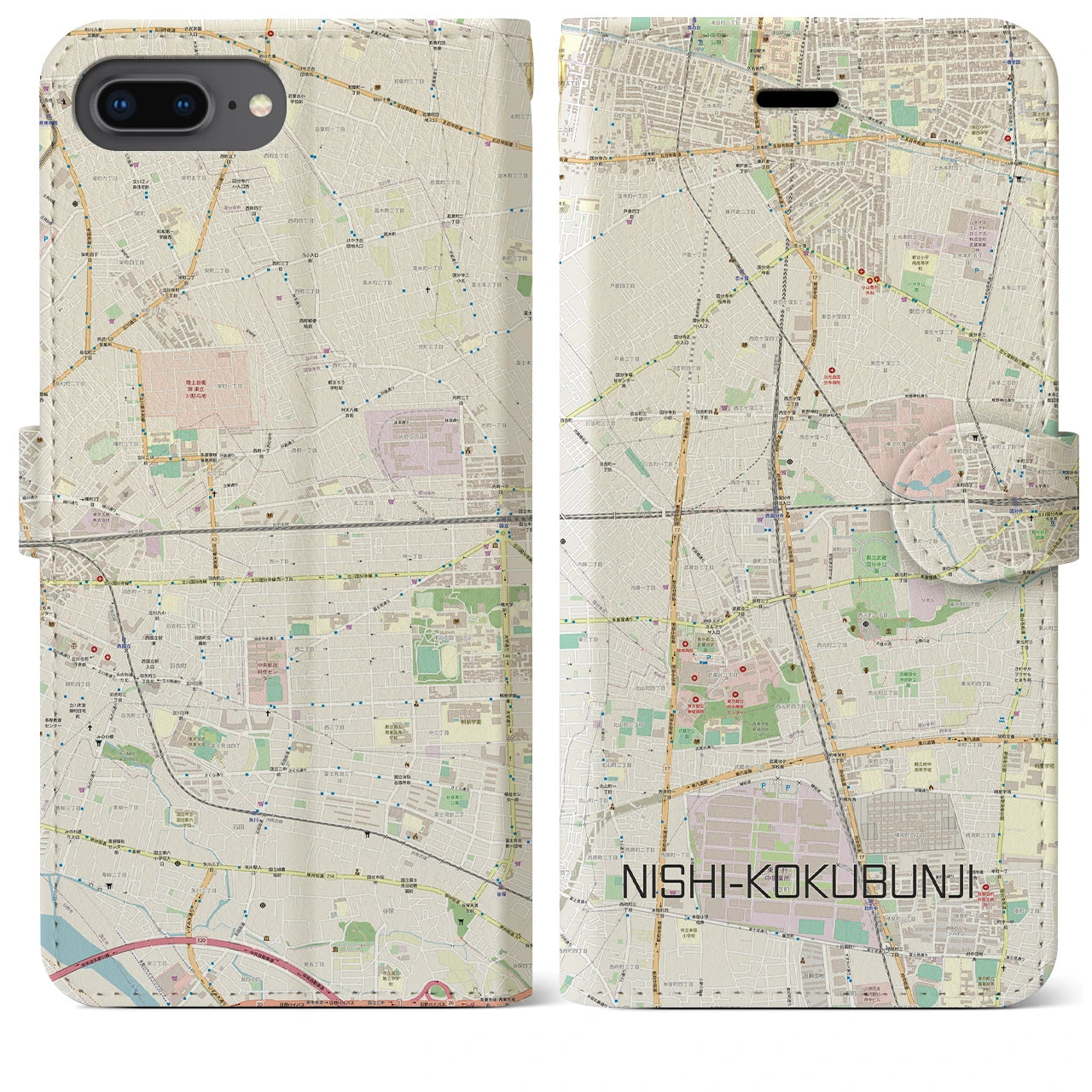 【西国分寺】地図柄iPhoneケース（手帳両面タイプ・ナチュラル）iPhone 8Plus /7Plus / 6sPlus / 6Plus 用