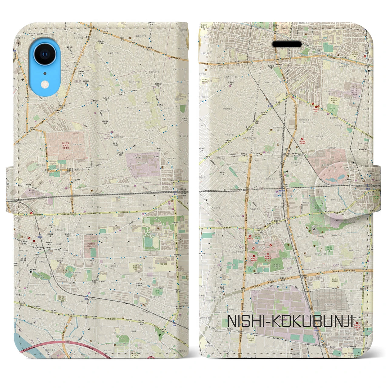 【西国分寺】地図柄iPhoneケース（手帳両面タイプ・ナチュラル）iPhone XR 用