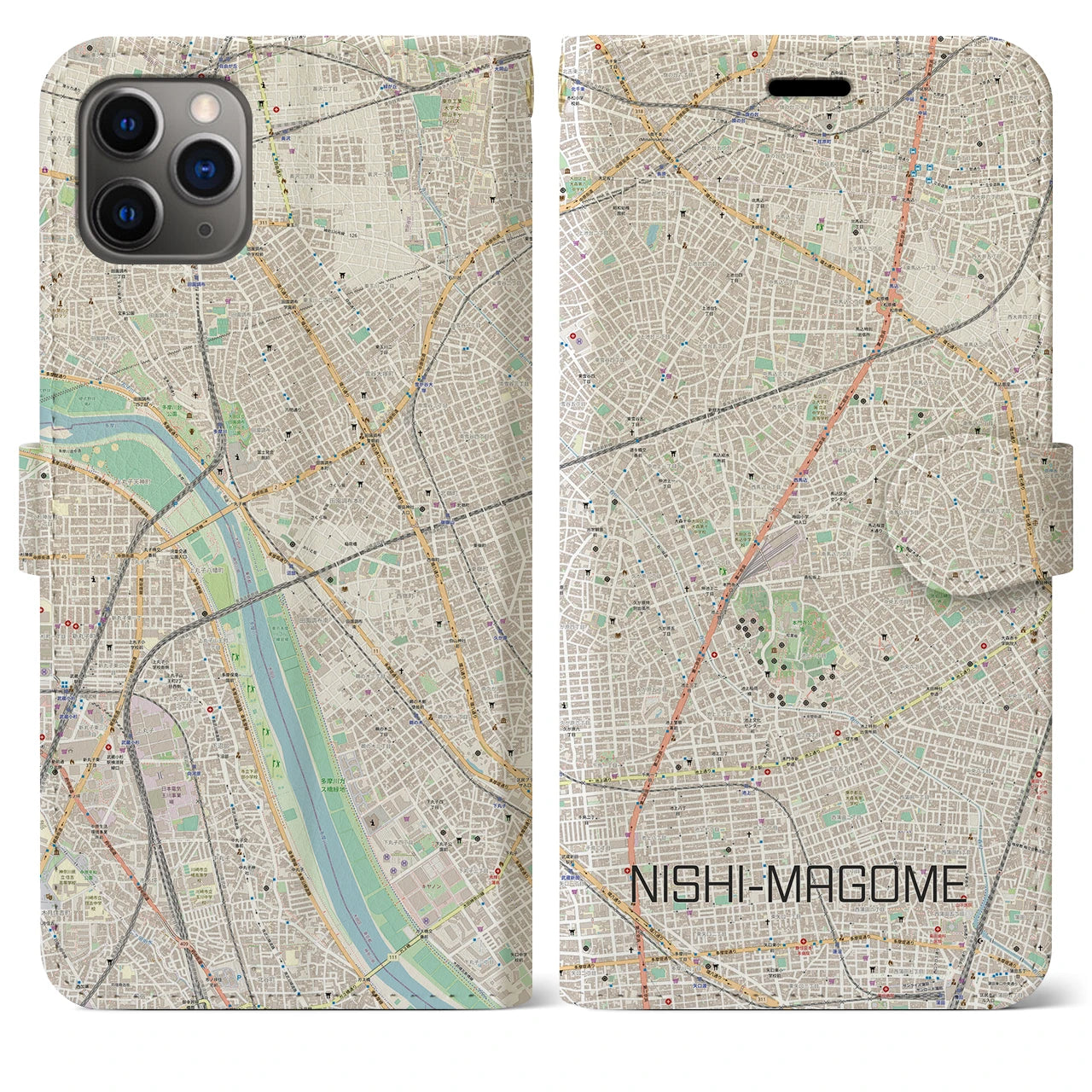【西馬込】地図柄iPhoneケース（手帳両面タイプ・ナチュラル）iPhone 11 Pro Max 用