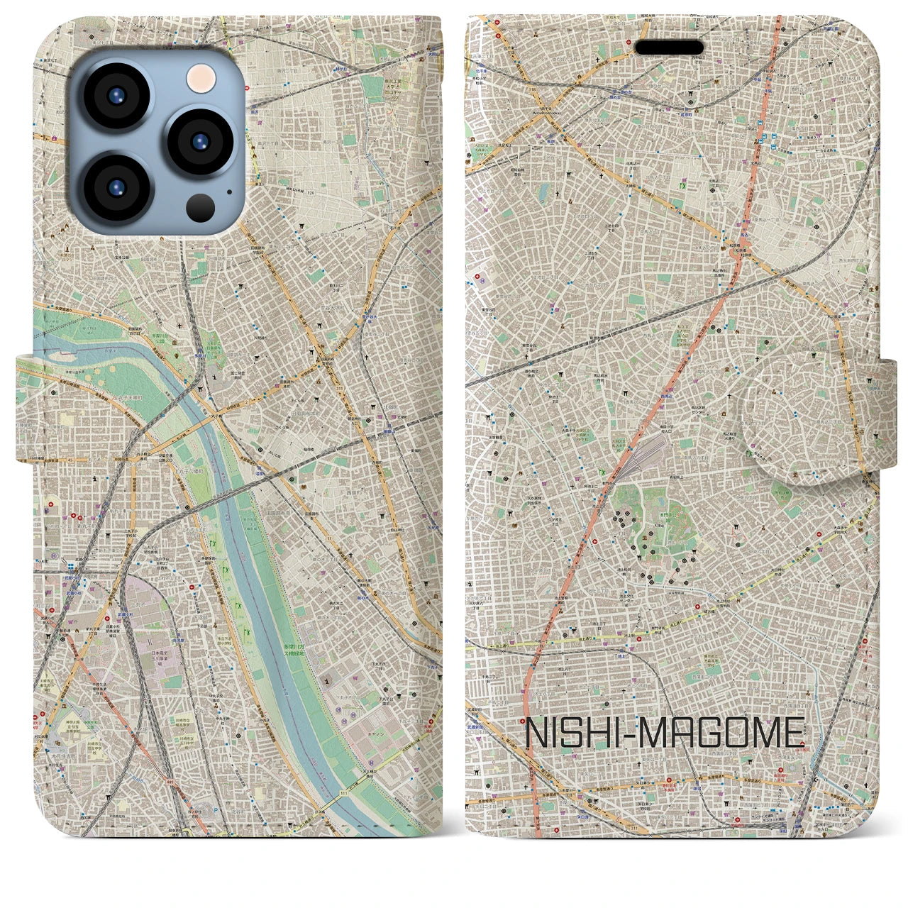 【西馬込】地図柄iPhoneケース（手帳両面タイプ・ナチュラル）iPhone 13 Pro Max 用