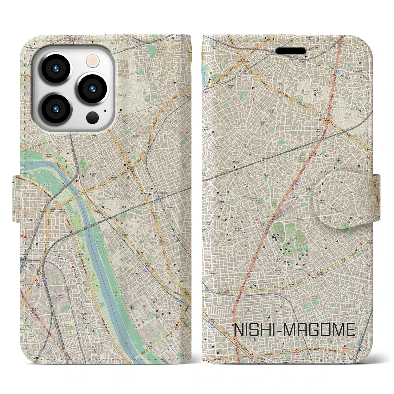 【西馬込】地図柄iPhoneケース（手帳両面タイプ・ナチュラル）iPhone 13 Pro 用