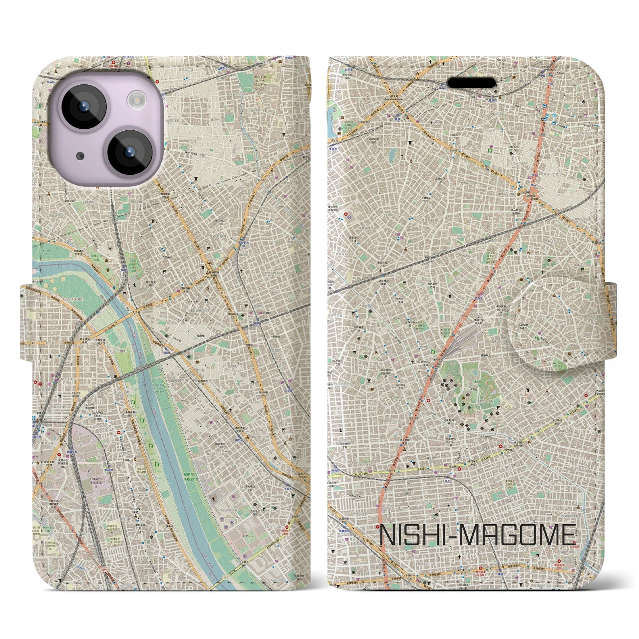 【西馬込】地図柄iPhoneケース（手帳両面タイプ・ナチュラル）iPhone 14 用