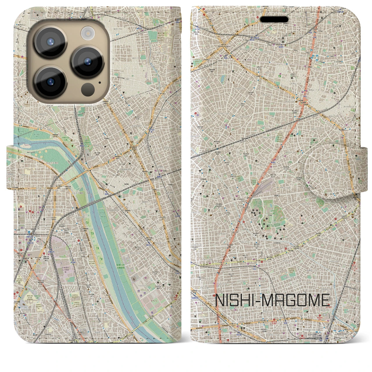 【西馬込】地図柄iPhoneケース（手帳両面タイプ・ナチュラル）iPhone 14 Pro Max 用