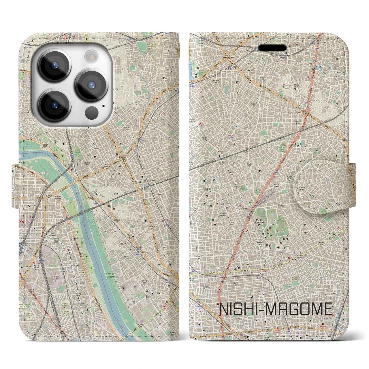 【西馬込】地図柄iPhoneケース（手帳両面タイプ・ナチュラル）iPhone 14 Pro 用