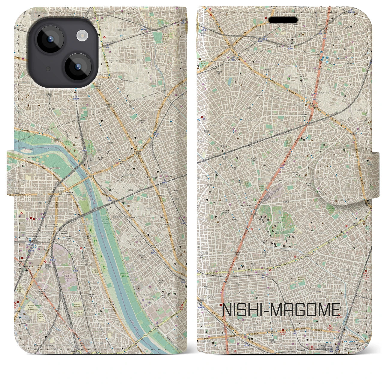 【西馬込】地図柄iPhoneケース（手帳両面タイプ・ナチュラル）iPhone 14 Plus 用