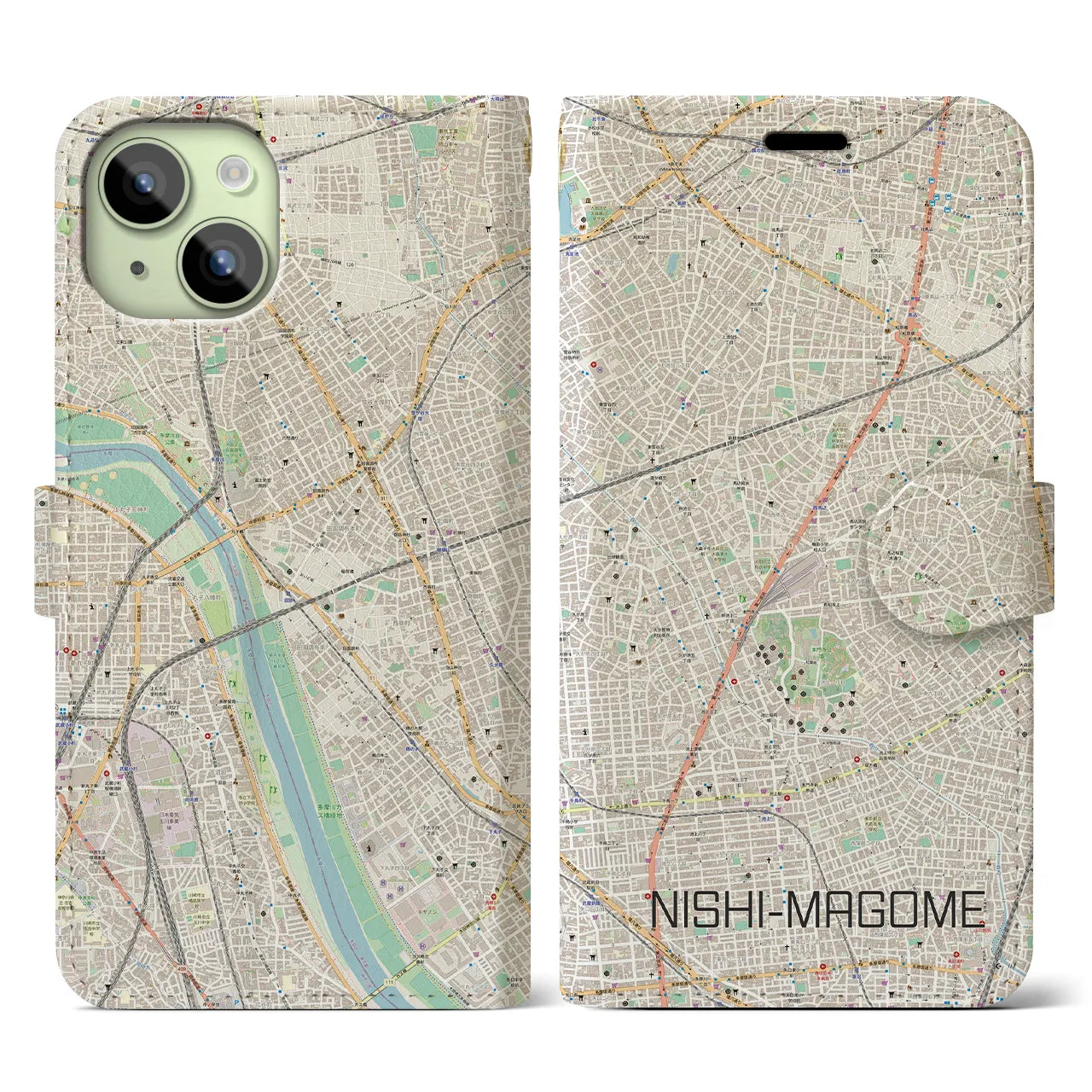 【西馬込】地図柄iPhoneケース（手帳両面タイプ・ナチュラル）iPhone 15 用