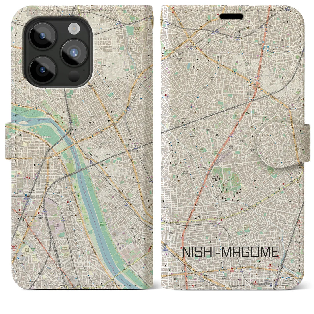 【西馬込】地図柄iPhoneケース（手帳両面タイプ・ナチュラル）iPhone 15 Pro Max 用