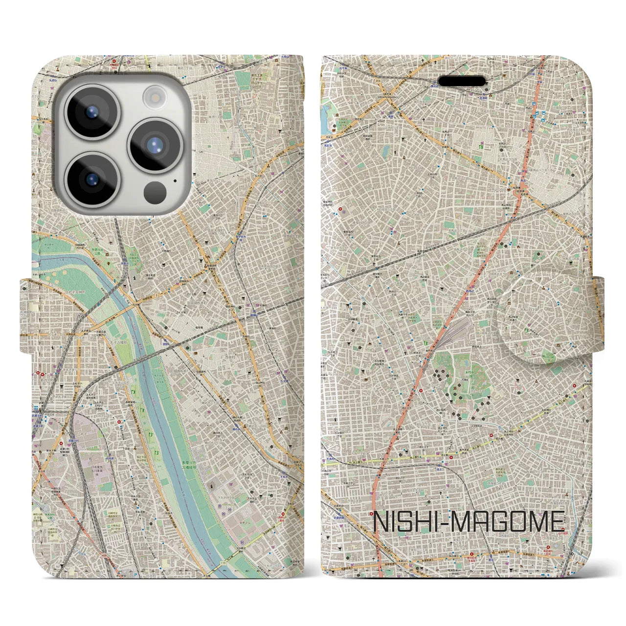 【西馬込】地図柄iPhoneケース（手帳両面タイプ・ナチュラル）iPhone 15 Pro 用