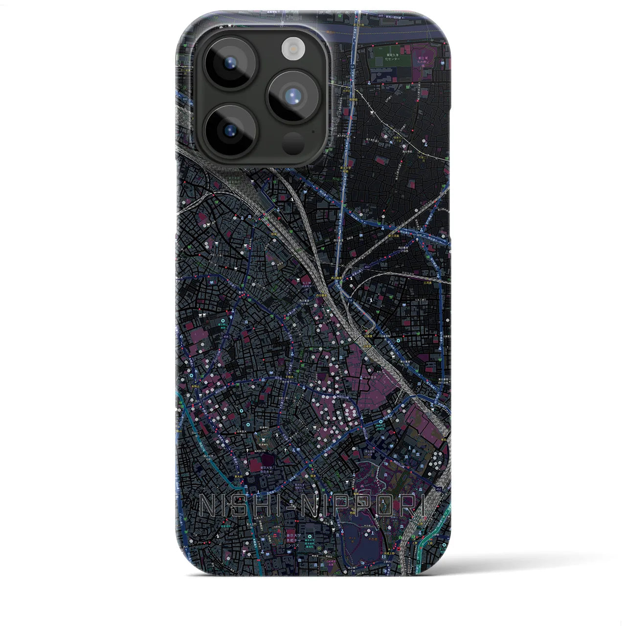 【西日暮里】地図柄iPhoneケース（バックカバータイプ・ブラック）iPhone 15 Pro Max 用