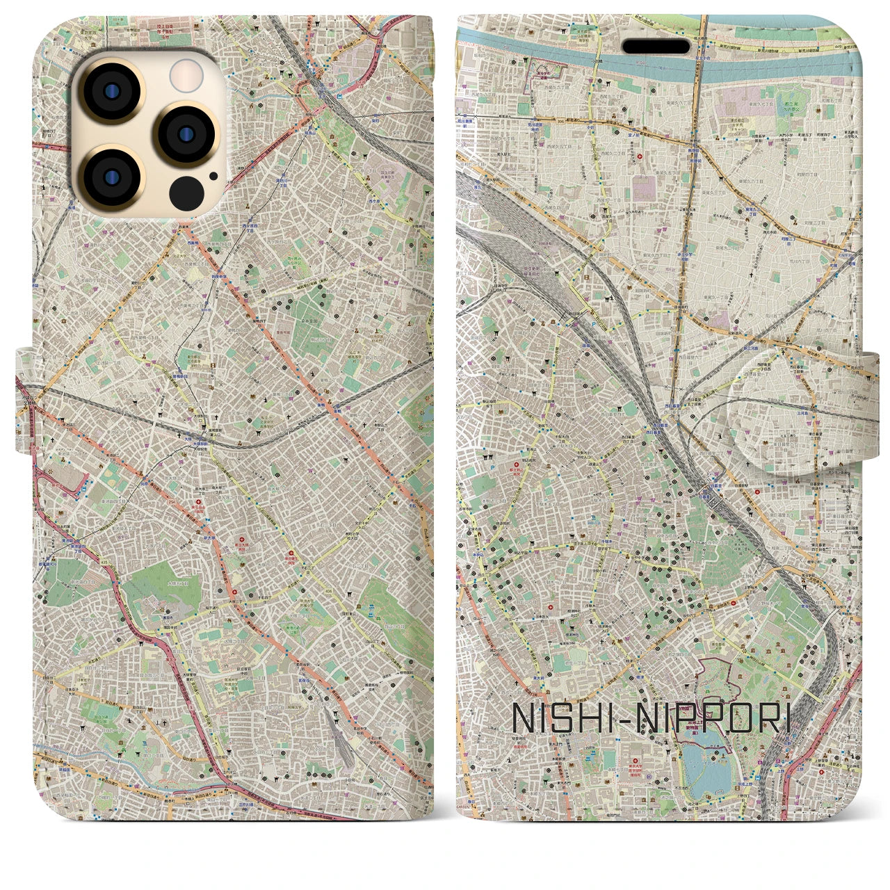 【西日暮里】地図柄iPhoneケース（手帳両面タイプ・ナチュラル）iPhone 12 Pro Max 用