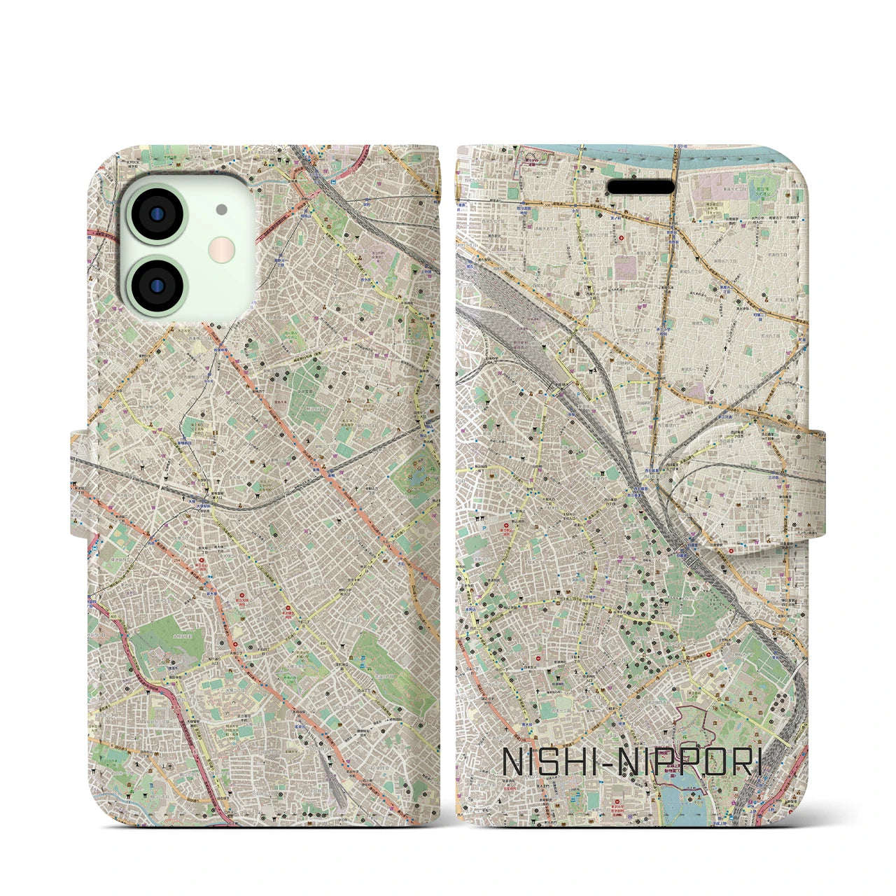 【西日暮里】地図柄iPhoneケース（手帳両面タイプ・ナチュラル）iPhone 12 mini 用