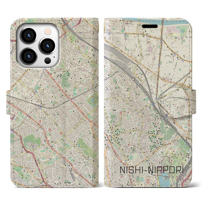 【西日暮里】地図柄iPhoneケース（手帳両面タイプ・ナチュラル）iPhone 13 Pro 用