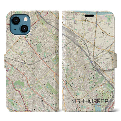 【西日暮里】地図柄iPhoneケース（手帳両面タイプ・ナチュラル）iPhone 13 用