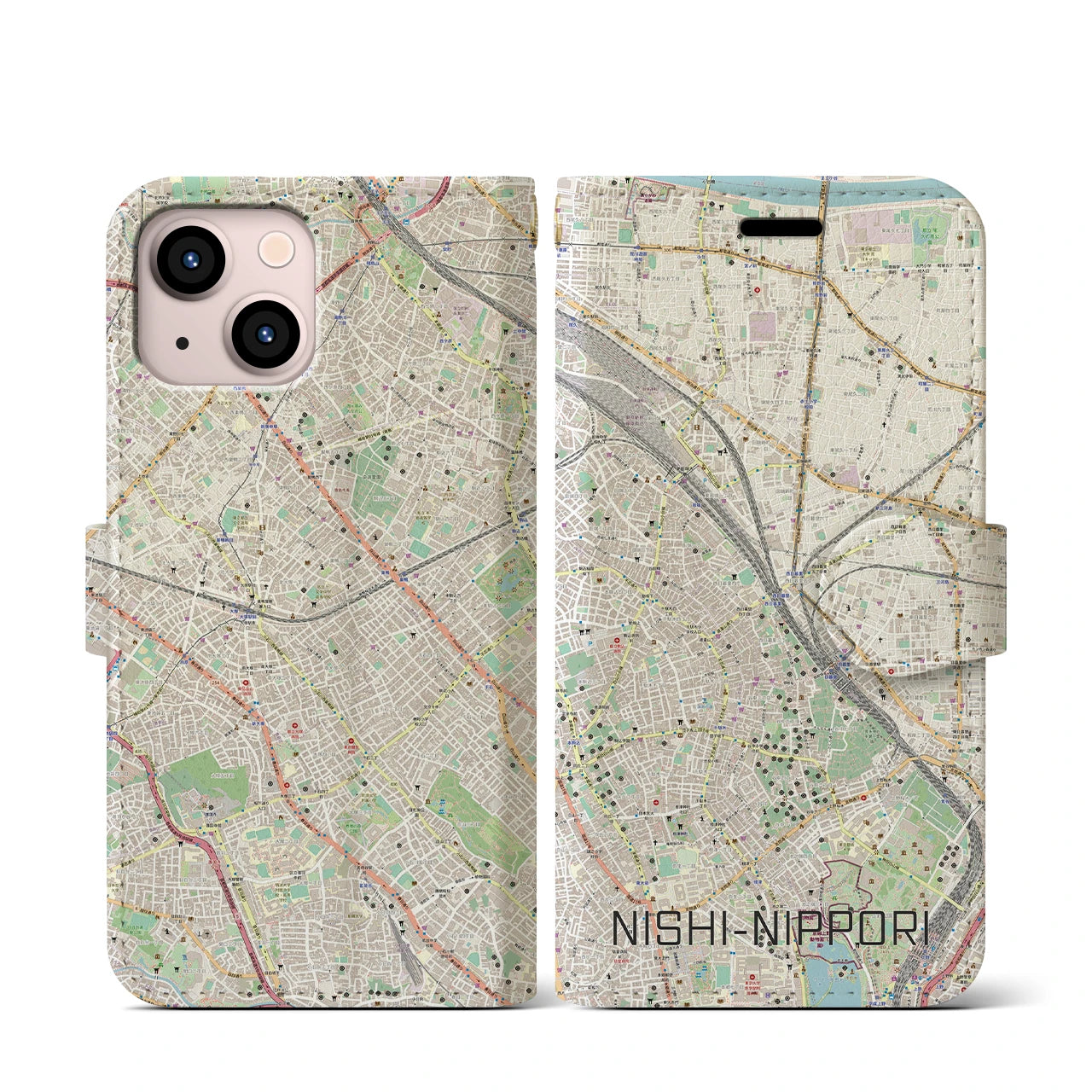 【西日暮里】地図柄iPhoneケース（手帳両面タイプ・ナチュラル）iPhone 13 mini 用