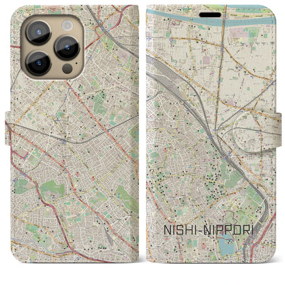 【西日暮里】地図柄iPhoneケース（手帳両面タイプ・ナチュラル）iPhone 14 Pro Max 用